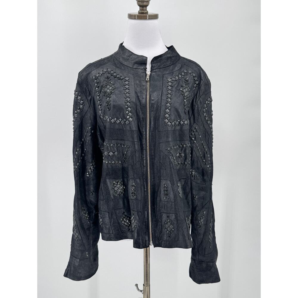 Vintage Kippys Black Leather Black Beaded Rhinestone Full Zip Jacket Sz 12